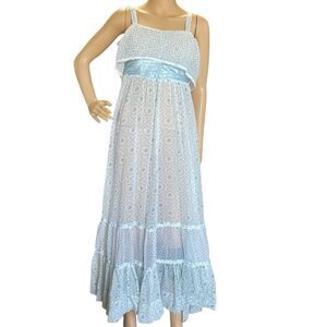 Vintage 70’s Jody T Floral Country Maxi Prairie Sheer Dress Blue White Green 5